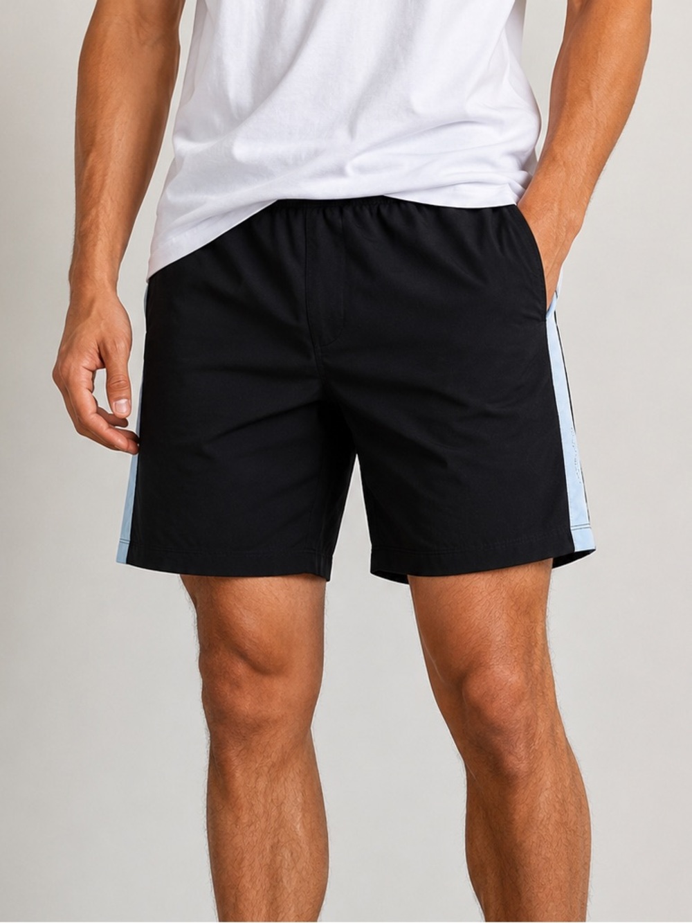 Hind Black Athletic Shorts with Blue Side Stripes